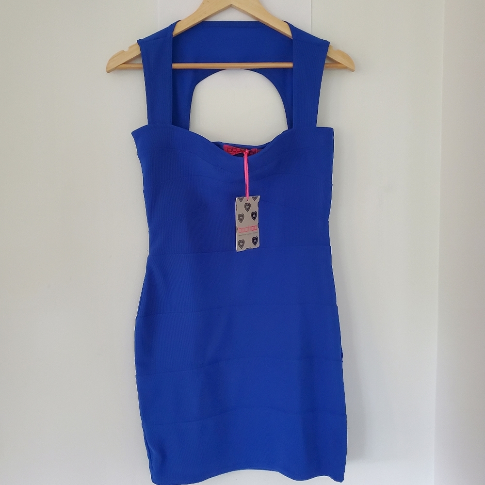 NWT BOOHOO 8 Cobalt Blue Bandage Mini Dress Cut-Out Back Sleeveless 90s Sexy
